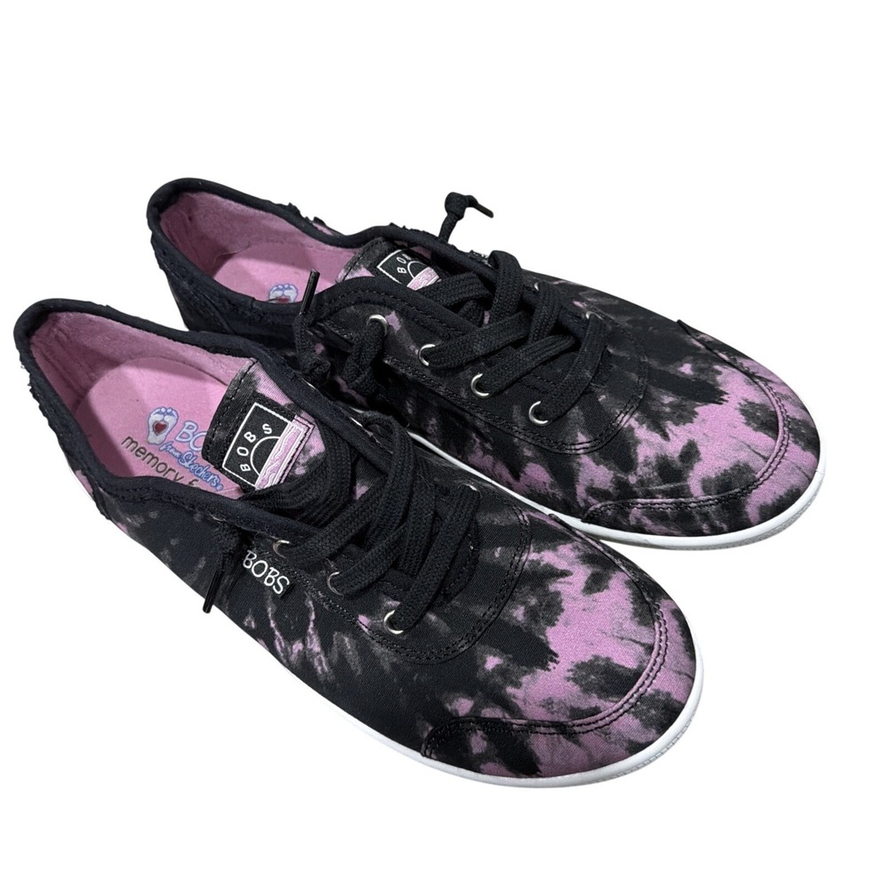 BOBS Skechers Sneakers Tie Dye Size 8.5 Purple Black Slip Casual Comfort Shoes